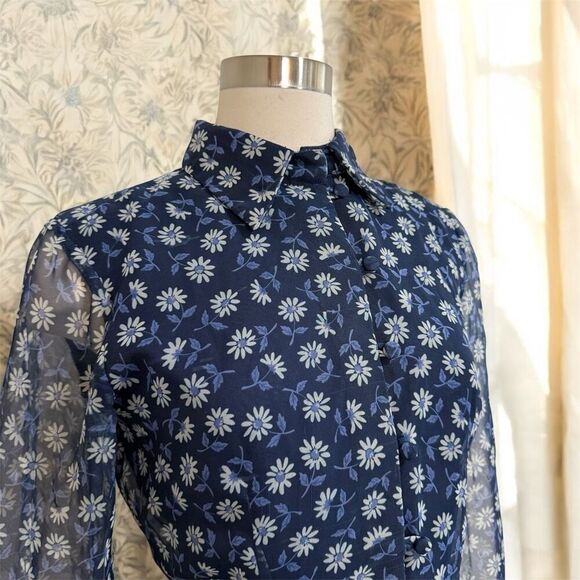 Vintage Y2K Blue Floral Top Small Button Sheer Mock Neck Fitted - Picture 2 of 5